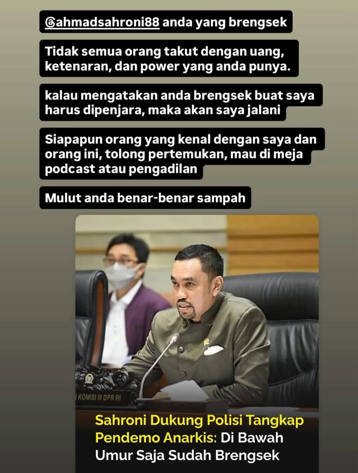 Ferry Irwandi melontarkan kritik keras kepada Wakil Ketua Komisi III DPR RI, Ahmad Sahroni, lewat unggahan di Instagram pribadinya