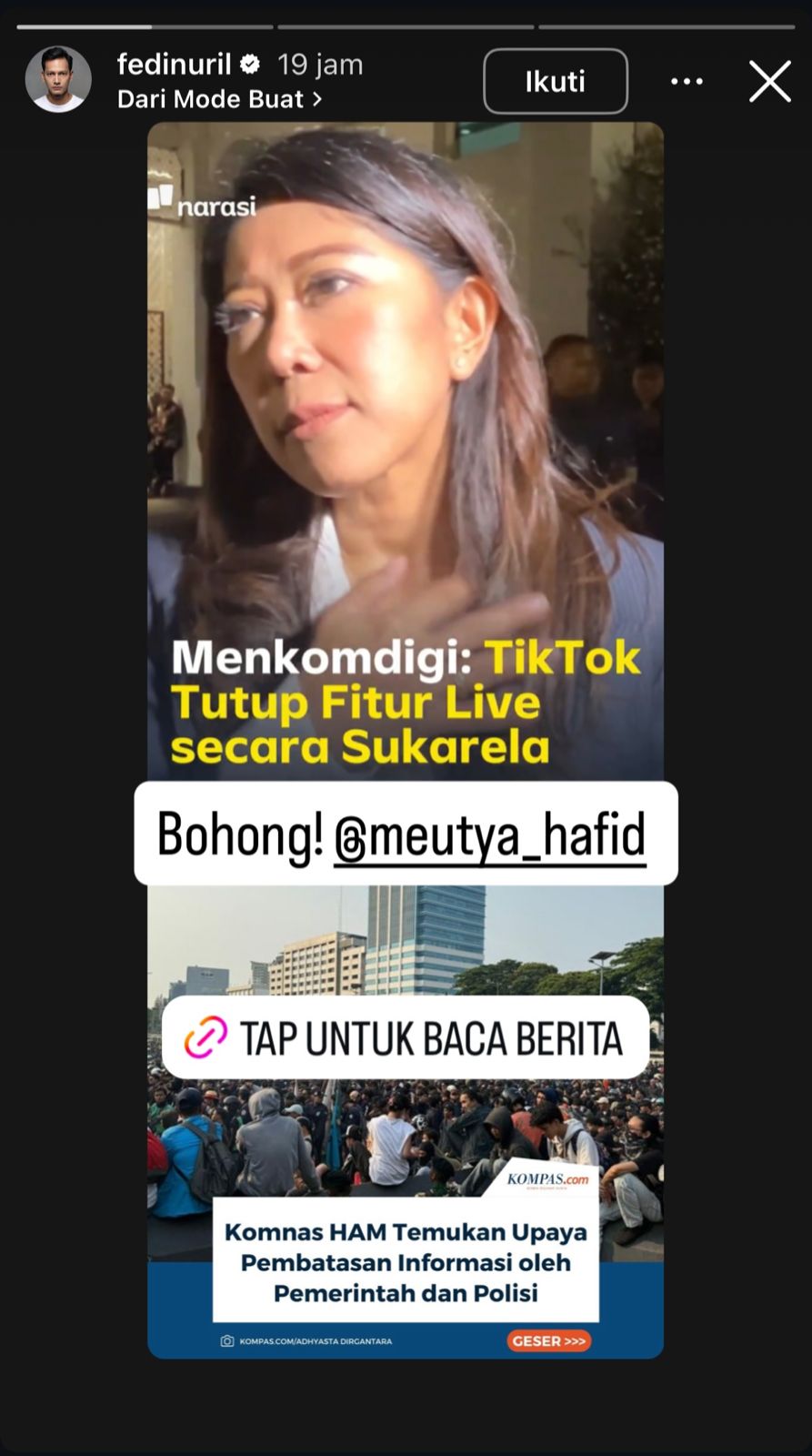 Tanggapan Fedi Nuril yang diunggah dalam cerita Instagram pribadinya