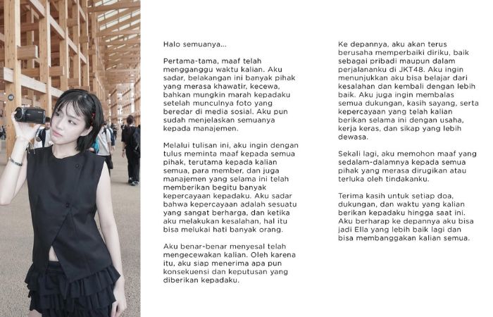Ella JKT48 mengunggah permohonan maaf melalui media sosial pribadinya.