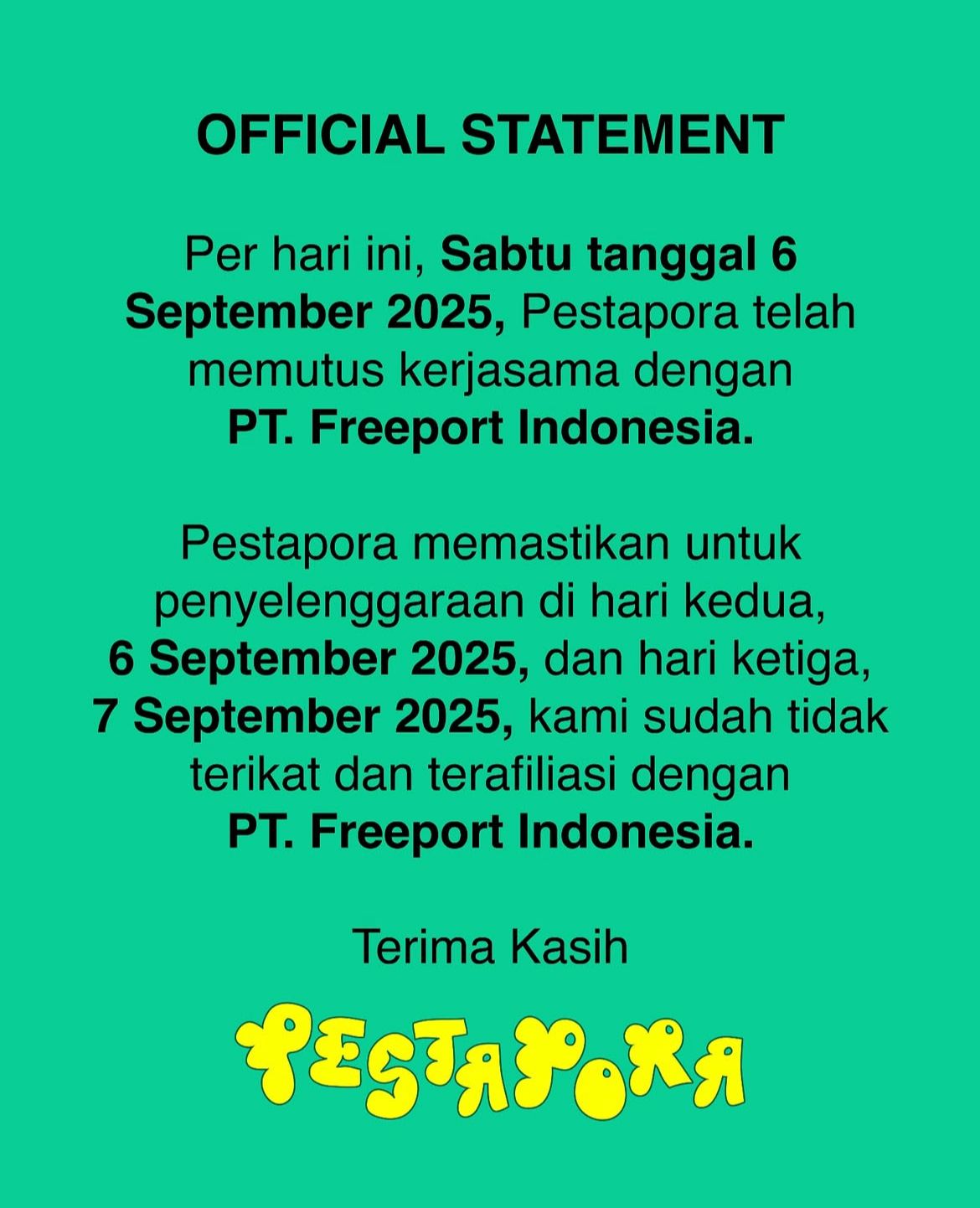 Pihak Pestapora menyampaikan permintaan maaf terbuka dalam akun instagram resminya