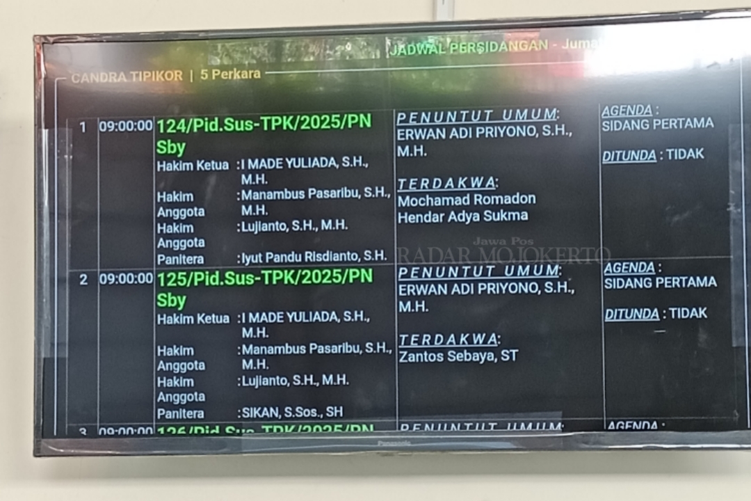 Jadwal sidang perkara korupsi kapal TBM dipandang di layar bergerak ruang sidang Chandra PN Tipikor Surabaya, Jumat (12/9).