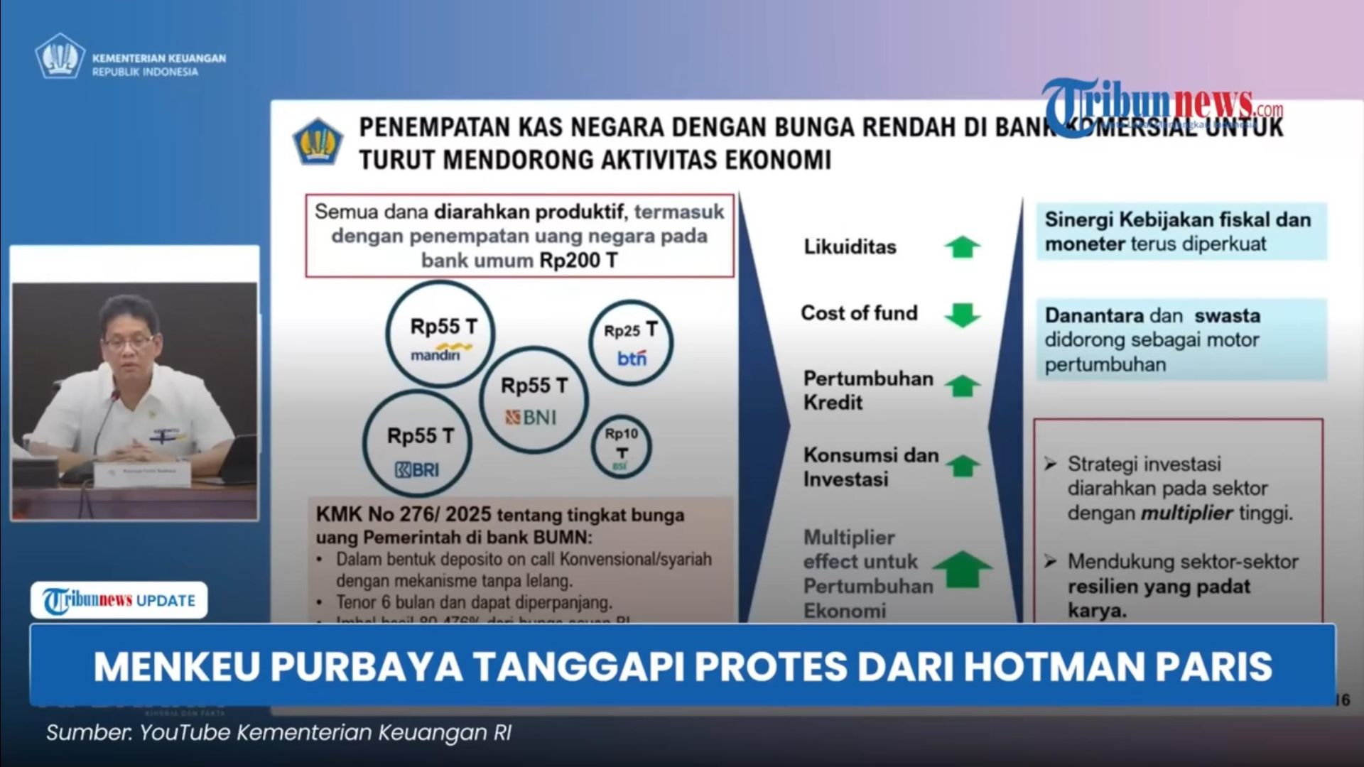 Menteri keuangan mendapatkan perhatian publik setelah pengacara terkenal Hotman Paris mengeluhkan  soal penurunan suku bunga deposito. (yt: tribunnews)