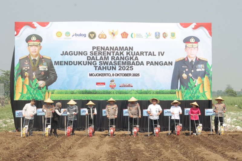 KOLABORASI: Kapolda Jatim Irjen Pol Nanang Avianto bersama Pemimpin Wilayah BULOG Jatim Langgeng Wisnu Adinugroho dan Jajaran Forkopimda Mojokerto Raya melakukan penanaman jagung serentak kuartal IV,