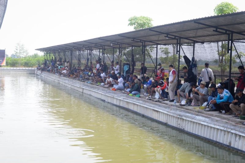 STRIKE: Ratusan pemancing dari berbagai daerah mengikuti lomba mancing di kolam ikan Wisata Desa Brangkal Firal Park, Desa Brangkal, Kecamatan Sooko, Kabupaten Mojokerto.