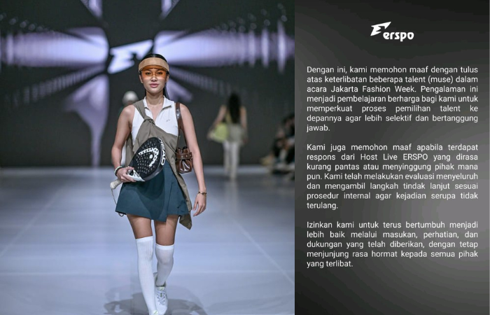 Penampilan Azizah Salsha di acara Jakarta Fashion Week 2026 dan Pernyataan resmi brand Erspo di akun media sosialnya.