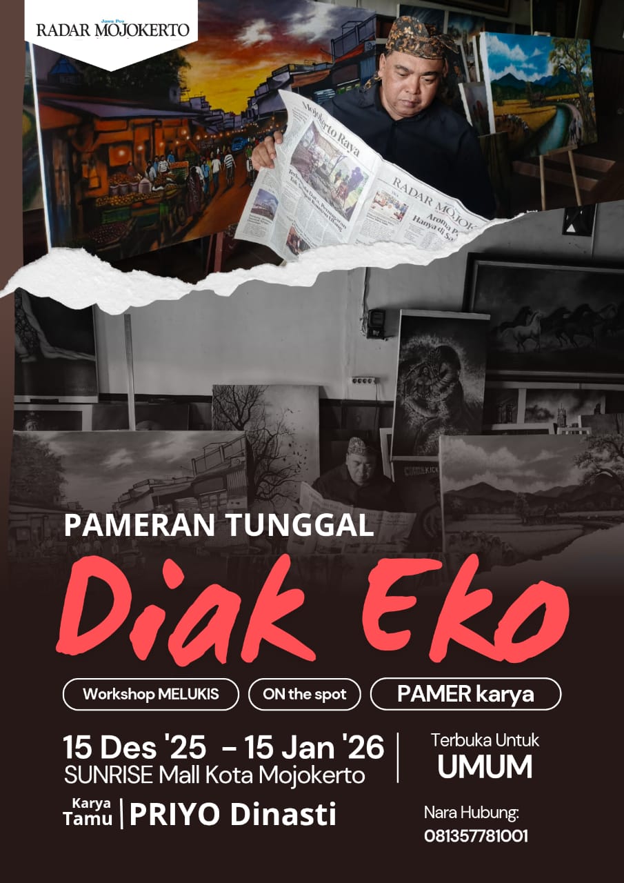 Poster pameran tunggal Diak Eko digelar 15 Desember hingga 15 Januari 2026 di Sunrise Mall Kota Mojokerto.