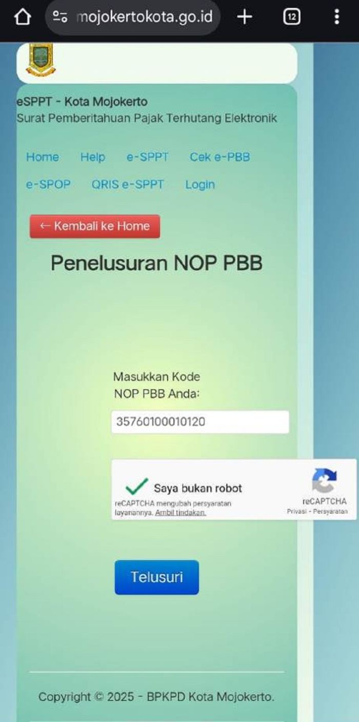 GANGGUAN: Layanan di website Pemkot Mojokerto bagian cek PBB gagal menampilkan data ketika nomor objek pajak dimasukkan
