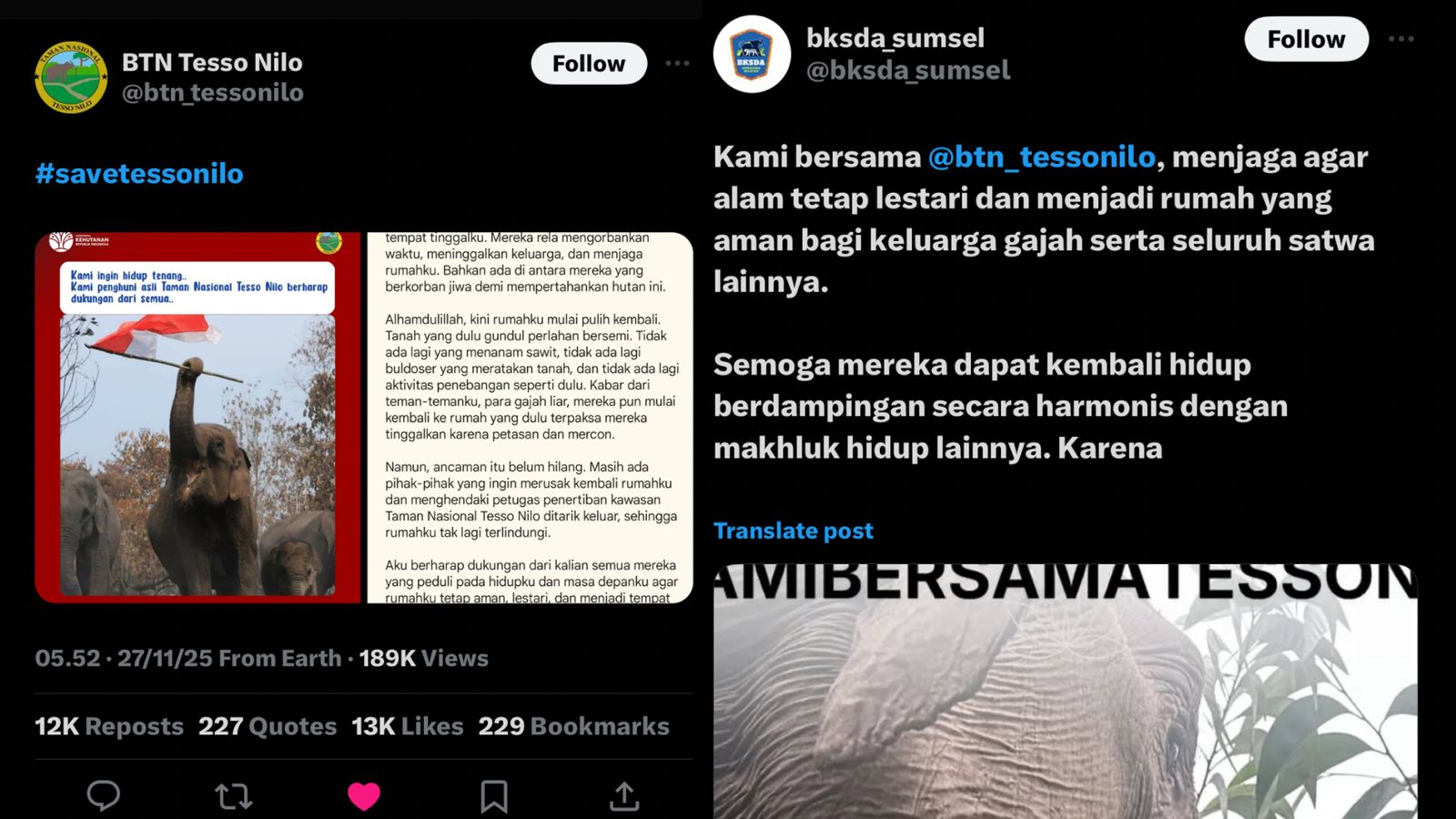 Poster ini didistribusikan melalui akun media sosial X resmi @btn_tessonilo dan @bksda_sumsel sebagai bagian dari sebuah kampanye penyelamatan area konservasi.