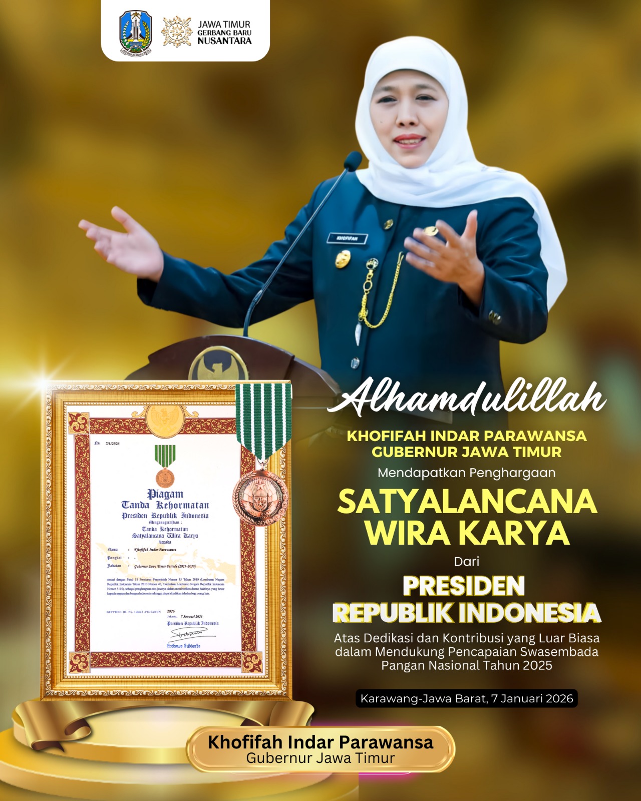 Berdedikasi Luar Biasa Wujudkan Swasembada Pangan Nasional Tahun 2025,&nbsp;Gubernur Khofifah Terima Tanda Kehormatan Satyalancana Wira Karya dari Presiden Prabowo.