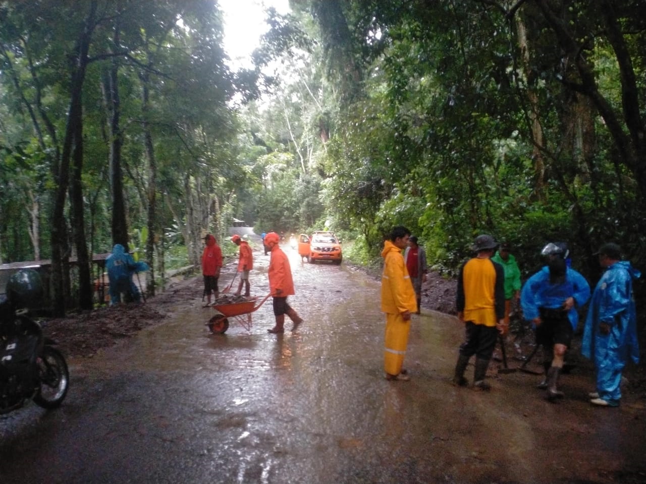 DIEVAKUASI: Petugas BPBD Kabupaten Mojokerto bersama personel gabungan membersihkan material longsor di Desa Kedungudi, Kecamatan Trawas, kemarin.