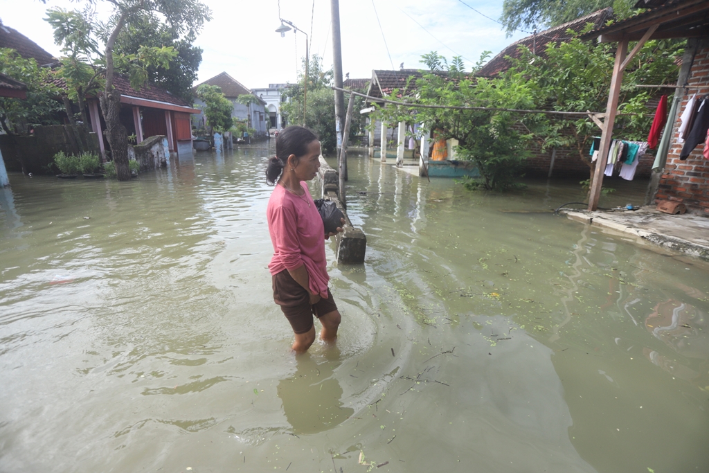 Banjir Kali Lamong kembali menerjang wilayah Kecamatan Dawarblandong, Kabupaten Mojokerto. Kemarin (10/1), luapan sungai merendam belasan rumah di Dusun Balong, Desa Banyulegi. Banjir setinggi lutut o
