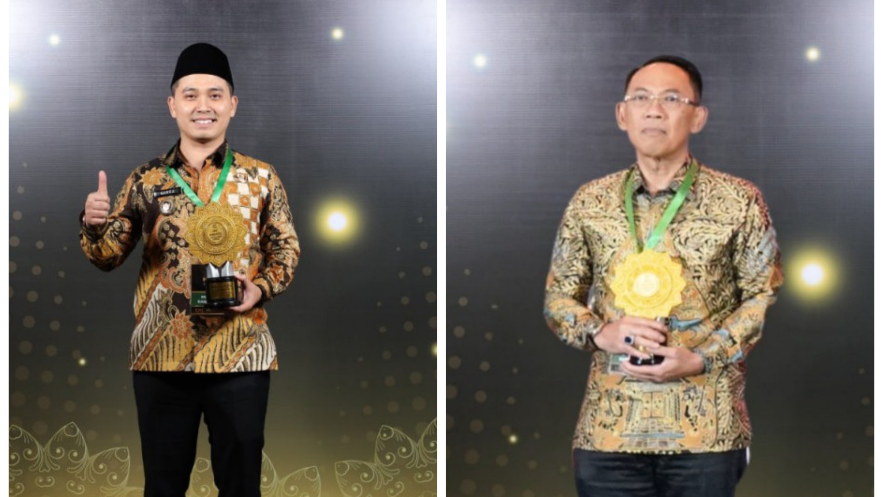 Dari kiri: Bupati Mojokerto Muhammad Albarraa mendapat UHC Award tingkat pratama kemudian Sekdakot Mojokerto Garuk Tri Prasetyo bersama UHC Award tingkat utama.