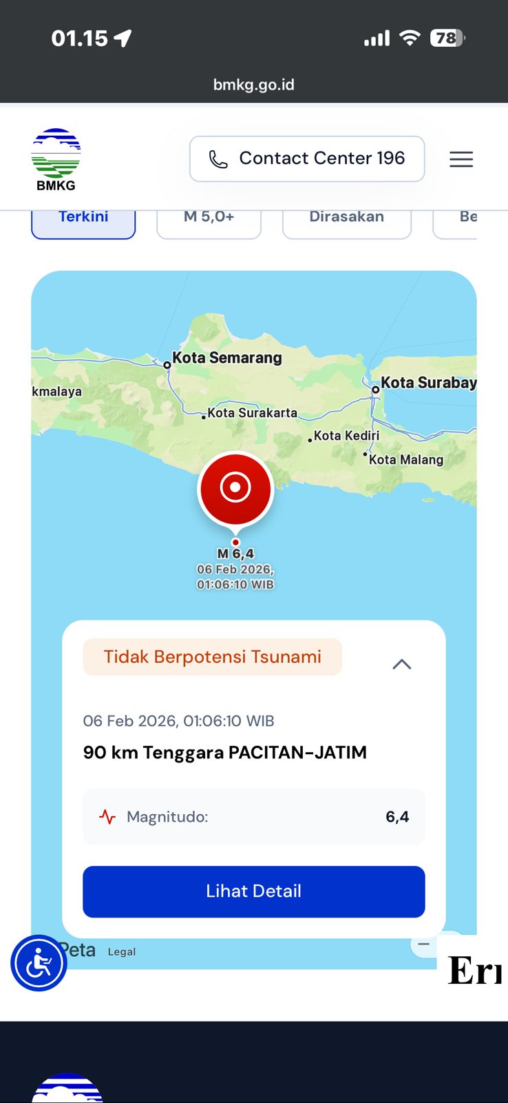 Informasi gempa di Pacitan M 6,4 dalam bmkg.go.id