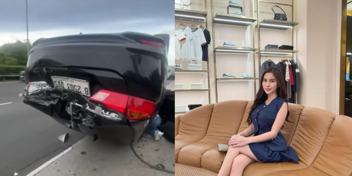 Kondisi mobil milik Diva Siregar yang terbalik usai kecelakaan di Tol Jagorawi