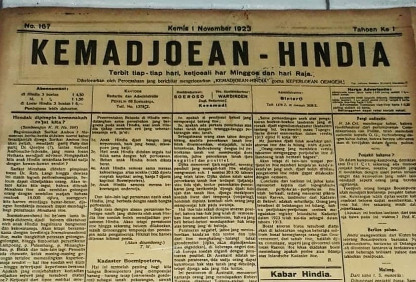MEDIA MASSA PERTAMA: Cetakan surat kabar Kemadjoean Hindia yang terbit pada 1 November tahun 1923 saat masih berkantor di Mojokerto.