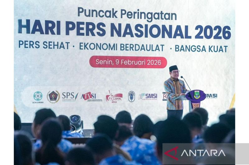 Menteri Koordinator Bidang Pemberdayaan Masyarakat Abdul Muhaimin Iskandar dalam acara Puncak Peringatan Hari Pers Nasional (HPN) Tahun 2026 di Serang, Banten, Senin (9/2/2026). ANTARA/HO-Kemenko PM