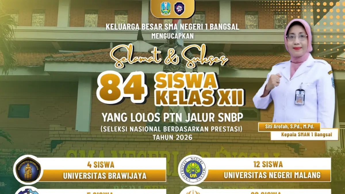 daftar perguruan tinggi negeri dengan jumlah siswa SMAN 1 Bangsal yang lolos dari jalur prestasi.