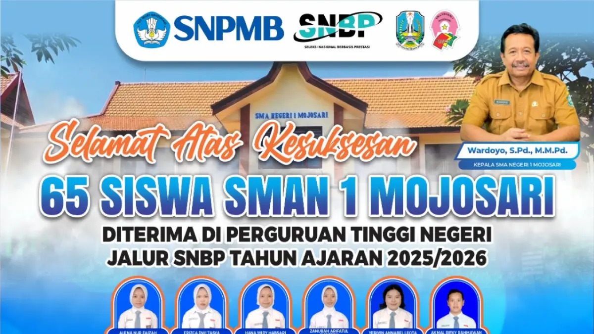 Sebanyak 65 siswa SMAN 1 Mojosari berhasil lolos ke berbagai perguruan tinggi negeri (PTN) negeri ternama di Indonesia melalui jalur prestasi tahun ini. 