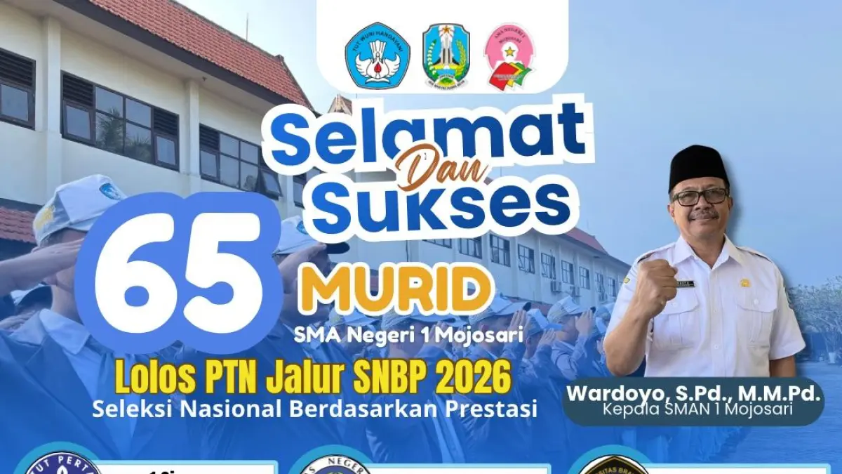 Sebanyak 65 siswa SMAN 1 Mojosari berhasil lolos ke berbagai perguruan tinggi negeri (PTN) negeri ternama di Indonesia melalui jalur prestasi tahun ini. 