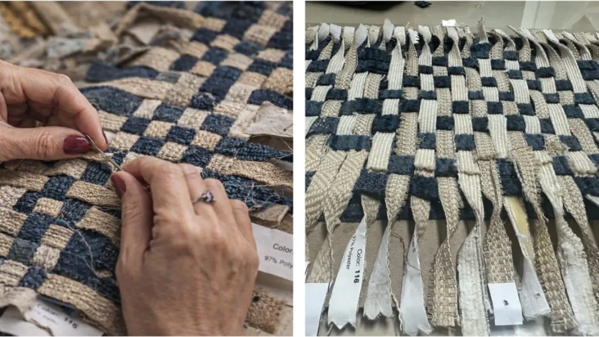 BERI SENTUHAN: Proses pengolahan limbah upholstery diskontinyu yang akan dijadikan produk interior. (INDAH)