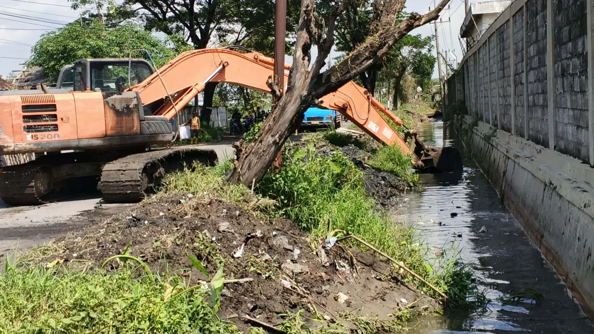DIKERUK: Ekskavator dikerahkan untuk menormalisasi saluran drainase di Desa Mojolebak-Parengan, Kecamatan Jetis, Kabupaten Mojokerto.