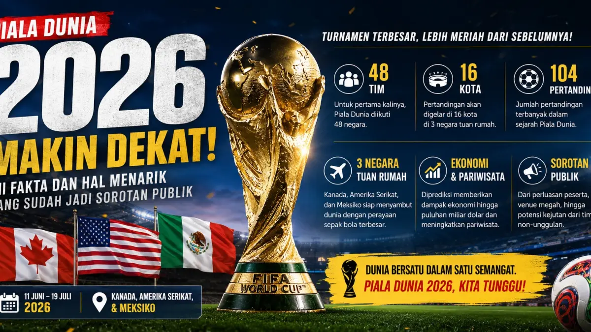 "Format baru 48 tim, tiket selangit, hingga rivalitas Messi-Ronaldo — Piala Dunia 2026 bukan sekadar pesta sepak bola, tapi juga panggung sejarah penuh kontroversi dan sorotan dunia."