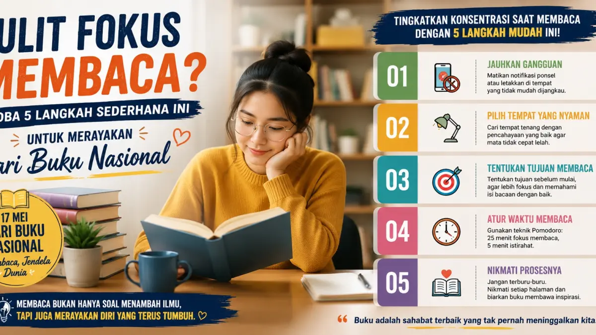 Rayakan Hari Buku Nasional dengan membuka halaman baru. Fokus, tenang, dan nikmati setiap kata karena membaca adalah jendela dunia.