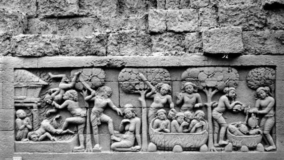 KUNO: Relief Karmawibhangga di Candi Borobudur, Magelang, menggambarkan aktivitas masyarakat Jawa kuno memasak kura-kura. (dok kemendikbud for JPRM)