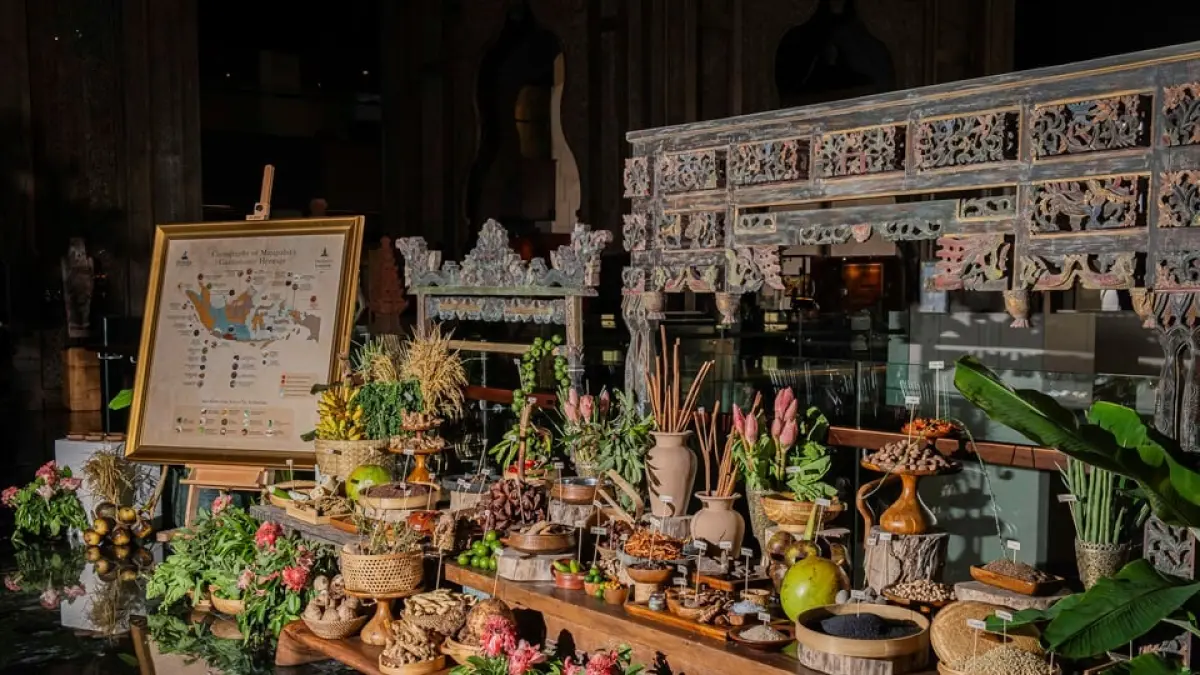 WARISAN NUSANTARA: Instalasi kuliner khas Kerajaan Majapahit berupa bahan pangan tradisional kaya rempah di hotel The Apruva Kempinski Bali. (dok Kempinski Hotels for JPRM)
