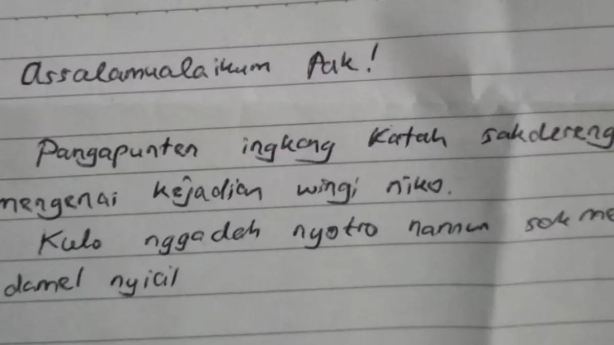 DRAMA: Isi surat yang kembali dikirimkan oleh seseorang yang mengaku sebagai teman dari pencuri ke rumah Alfin Setyo Tunggal, 37, di Dusun Guwo, Desa Jabontegal, Kecamatan Pungging. (Rizal JPRM)