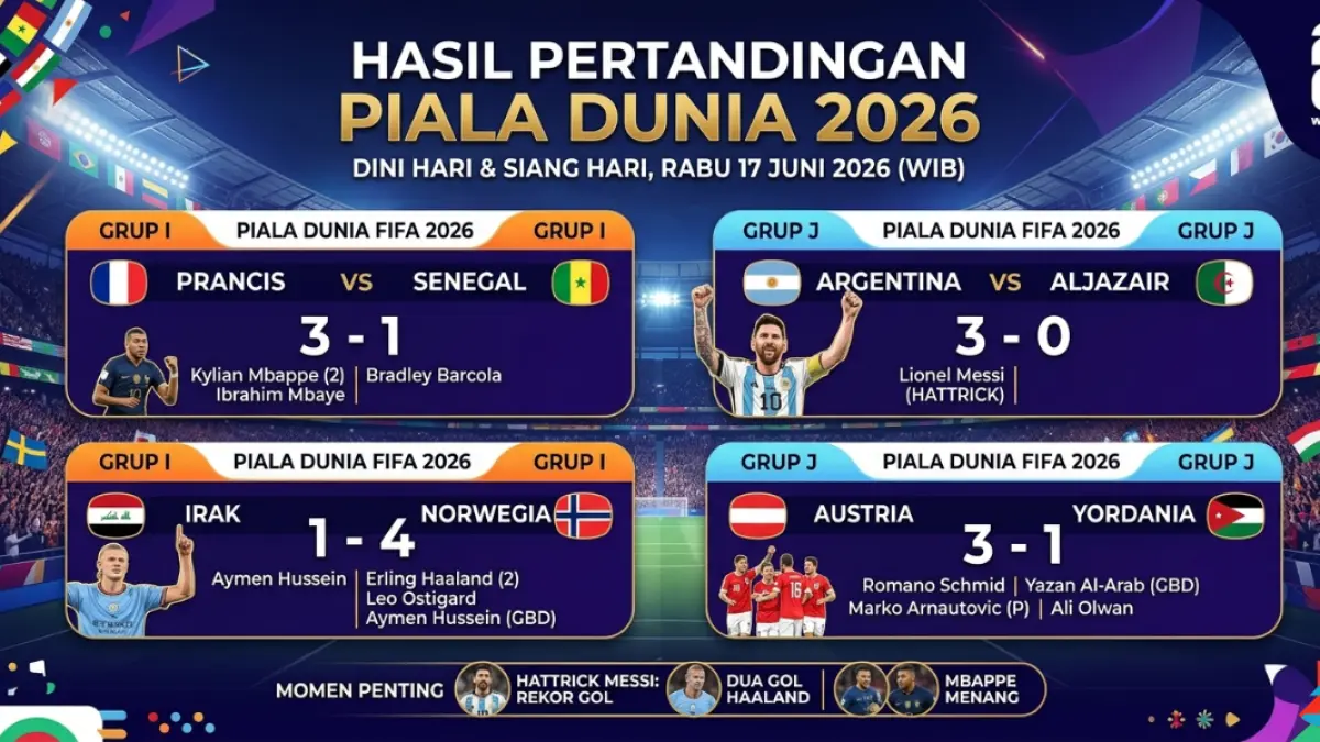 Messi, Mbappe, dan Haaland jadi sorotan di laga Piala Dunia 2026 dini hari 17 Juni. Argentina, Prancis, Norwegia, dan Austria kompak meraih kemenangan.