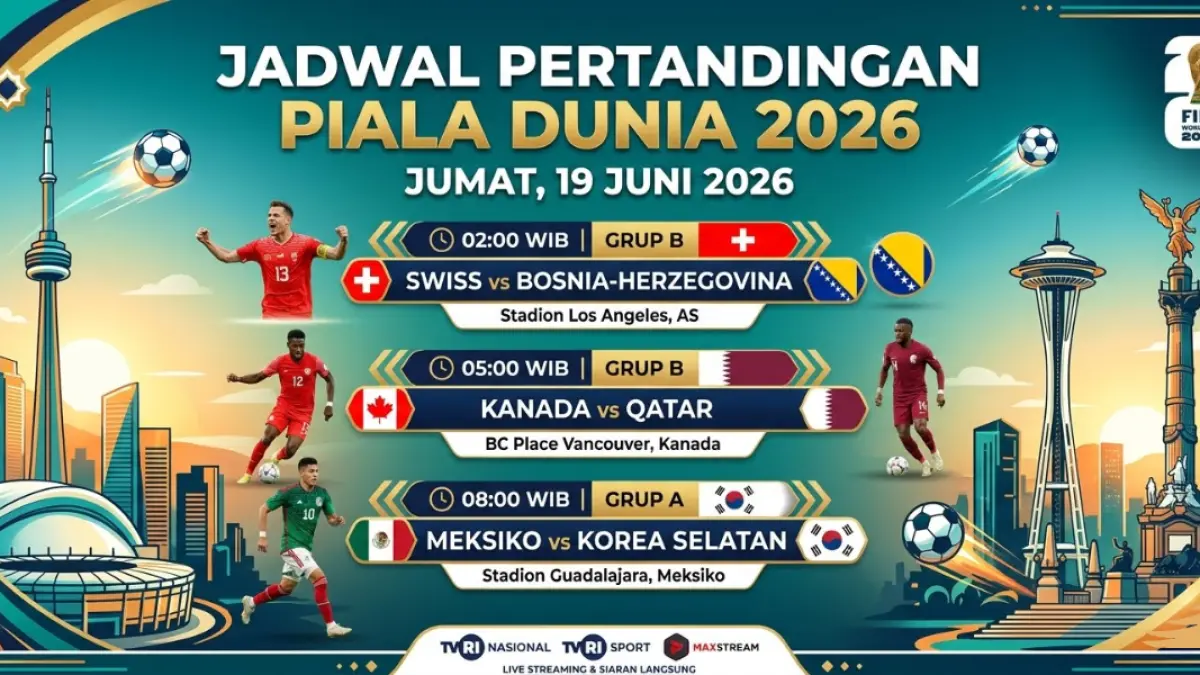 Tiga laga Piala Dunia 2026 siap digelar 19 Juni: Swiss vs Bosnia, Kanada vs Qatar, dan Meksiko vs Korea Selatan.