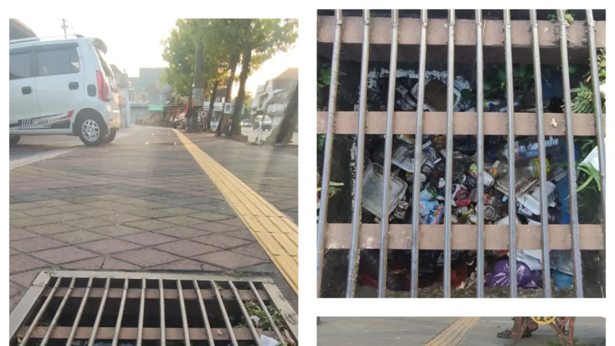 SAMPAH PLASTIK: Tampak tumpukan sampah plastik di saluran air yang berada di bawah trotoar Jalan Bhayangkara, depan pujasera Stasiun Mojokerto, Kelurahan Miji, Kecamatan Kranggan, Kota Mojokerto, Minggu (21/6). (Arief JPRM)