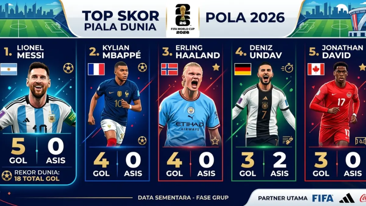 Messi masih tajam di usia 39 tahun! Pimpin daftar top skor Piala Dunia 2026 dengan 5 gol, sementara Mbappe dan Haaland terus menekan. Persaingan Sepatu Emas makin panas!