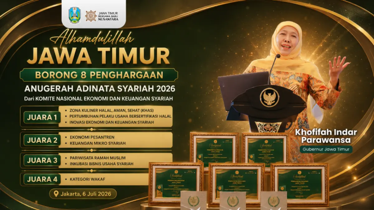 Gubernur Jawa Timur Khofifah Indar Parawansa dengan delapan penghargaan Anugerah Adinata Syariah 2026 yang diraih pemerintah provinsi tersebut. (ANTARA/HO-Biro Adpim Pemprov Jatim)
