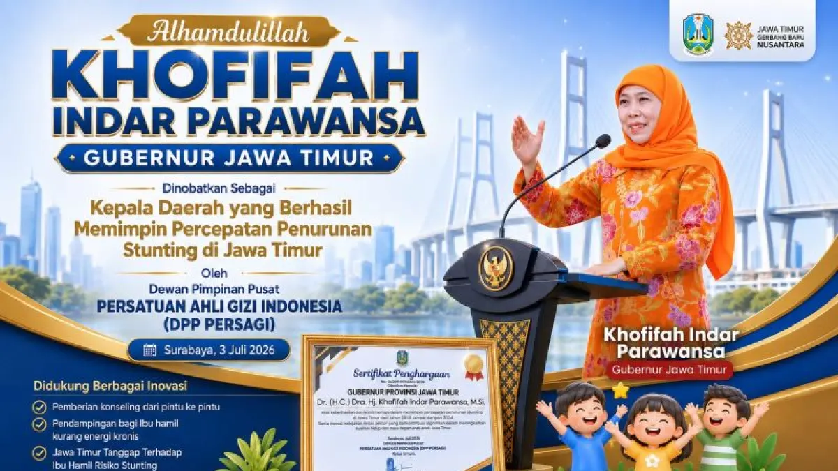 Gubernur Jawa Timur Khofifah Indar Parawansa meraih penghargaan dari Persatuan Ahli Gizi Indonesia (Persagi) atas keberhasilannya memimpin percepatan penurunan prevalensi stunting di Jatim. ANTARA/HO-Biro Adpim Pemprov Jatim
