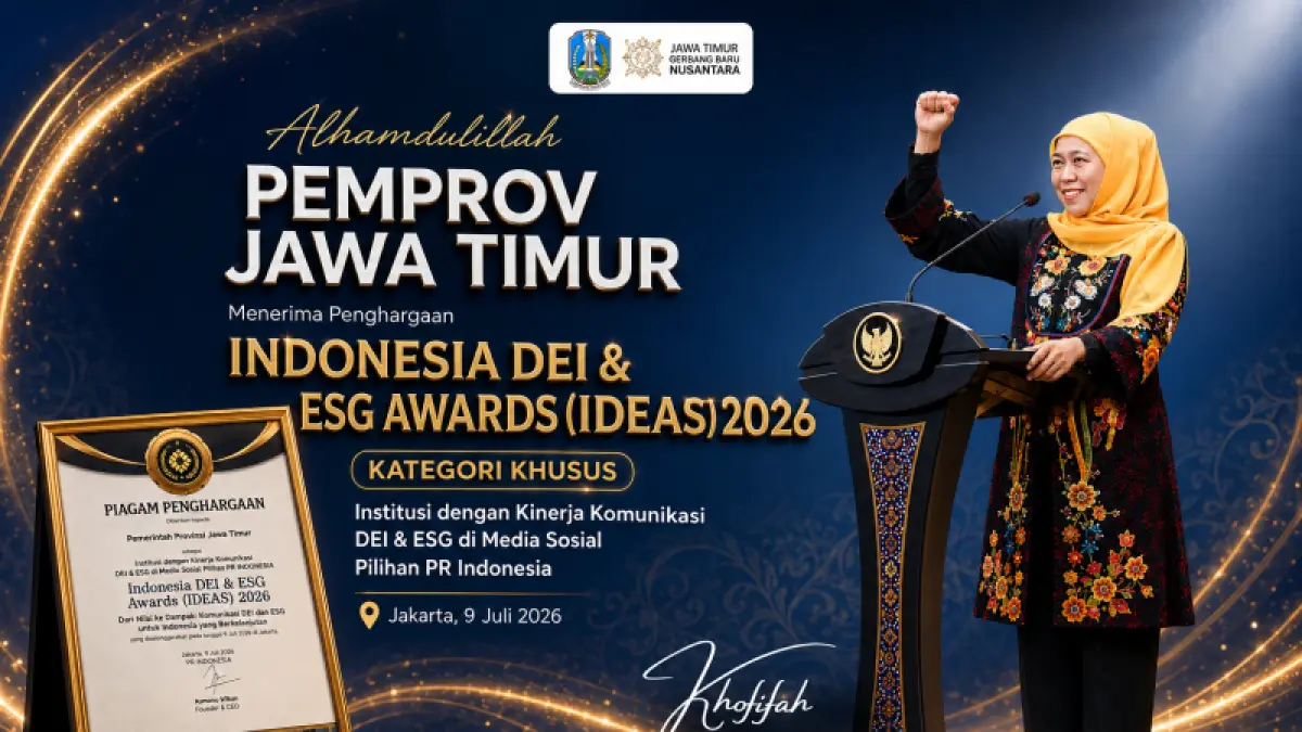 Gubernur Jawa Timur Khofifah Indar Parawansa bersyukur Pemprov Jatim menjadi Institusi dengan Kinerja Komunikasi DEI serta ESG terbaik. (ANTARA/HO-Biro Adpim Pemprov Jatim)
