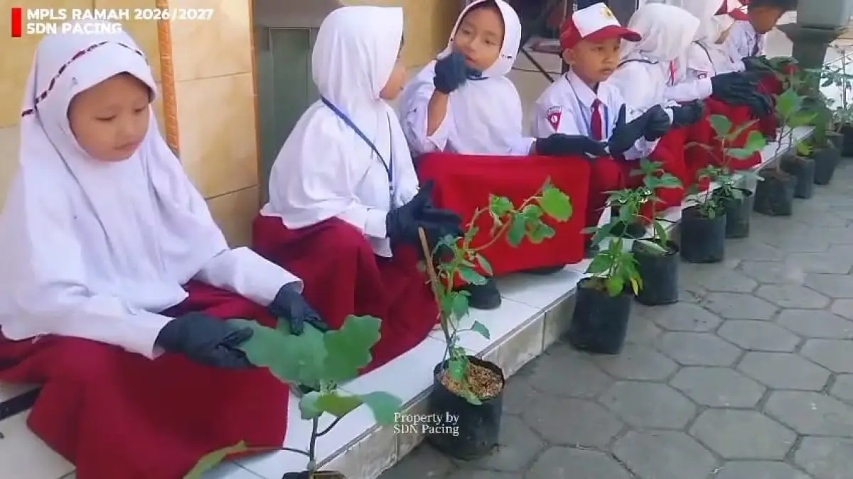 BERWAWASAN LINGKUNGAN: Siswa SDN Pacing menanam pohon untuk penghijauan dan memberi pengalaman yang menyenangkan pada kegiatan MPLS dengan pendampingan guru. 