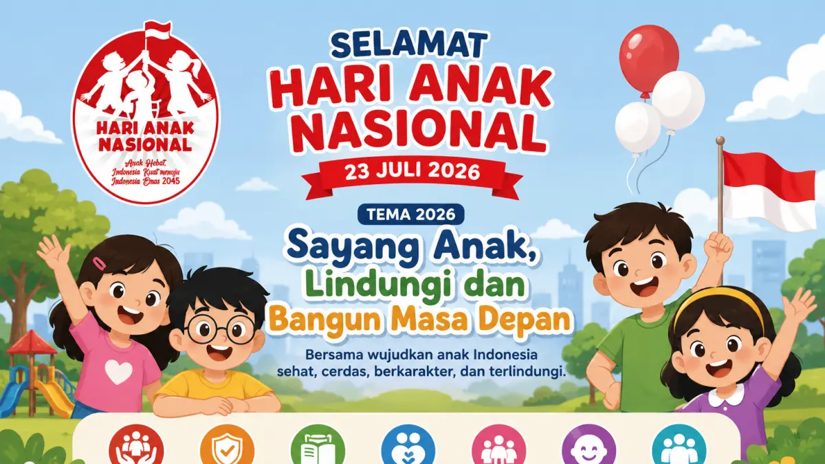 Ilustrasi peringatan Hari Anak Nasional 2026 yang mengangkat tema "Sayang Anak, Lindungi dan Bangun Masa Depan" sebagai ajakan memenuhi hak dan melindungi anak Indonesia.