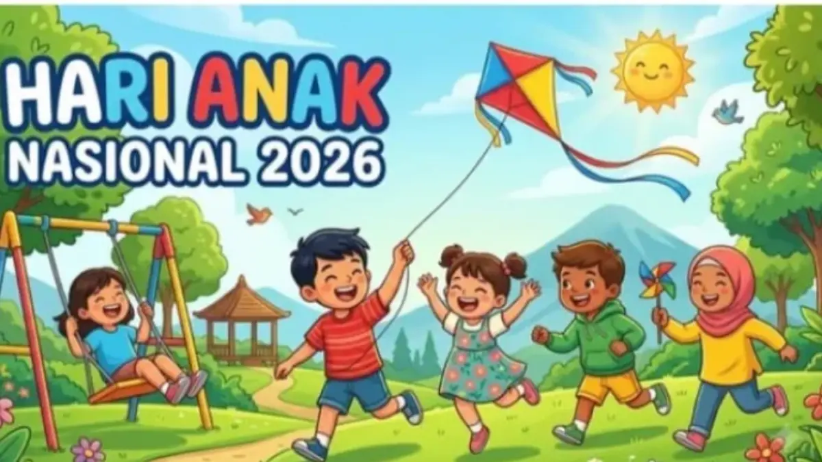 Anak-anak Indonesia mengikuti peringatan Hari Anak Nasional 2026 dengan penuh semangat, membawa bendera Merah Putih sebagai simbol kesetaraan, perlindungan, dan harapan menuju Generasi Emas 2045.