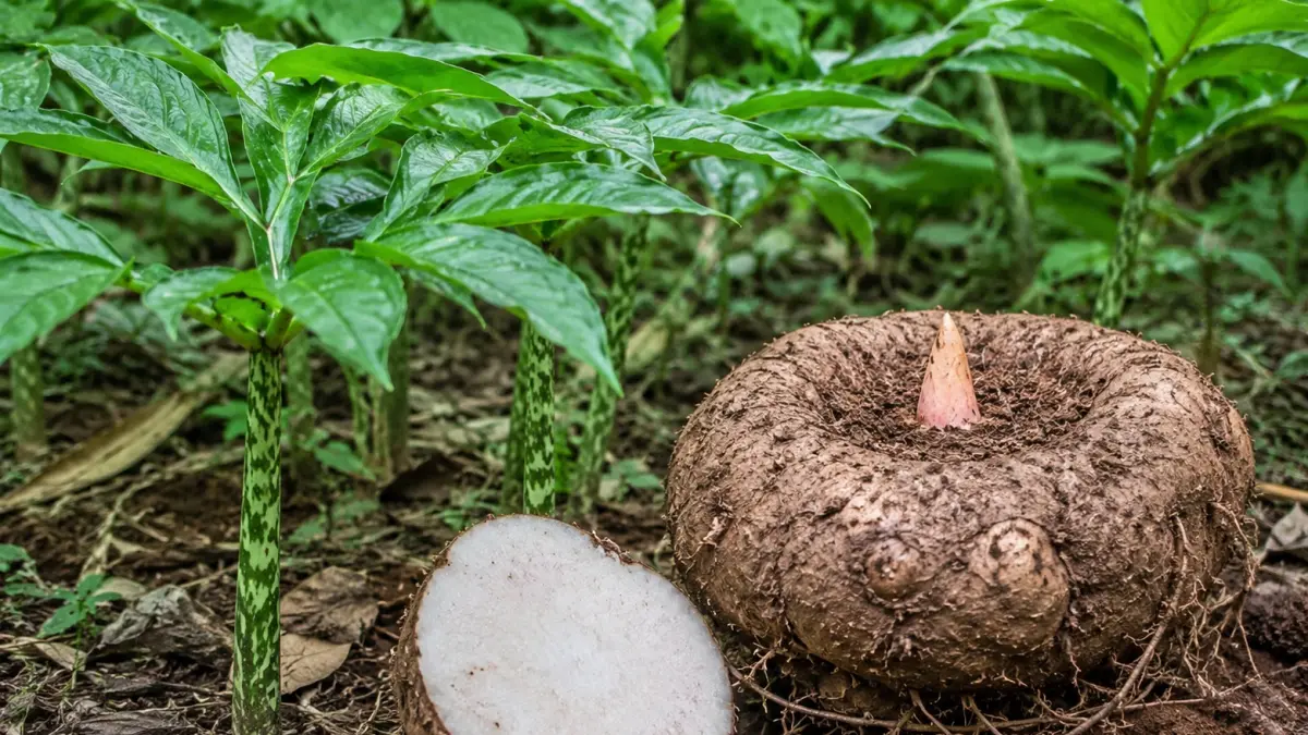 Tanaman porang beserta umbinya yang menjadi bahan baku berbagai produk bernilai ekonomi tinggi, mulai dari pangan hingga kebutuhan industri.