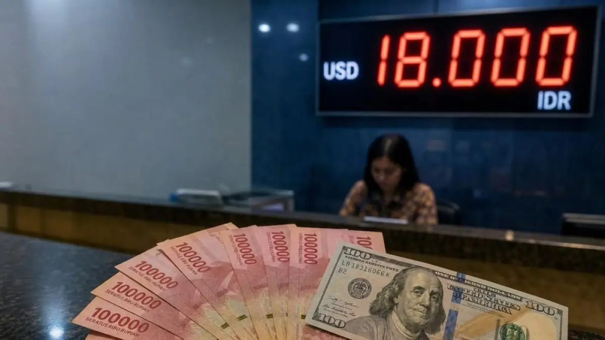 Uang rupiah dan dolar AS terlihat di salah satu tempat penukaran valuta asing. Rupiah dibuka di level Rp18.075 per dolar AS pada perdagangan Kamis (30/7), setelah The Fed mempertahankan suku bunga 3,50–3,75 persen.