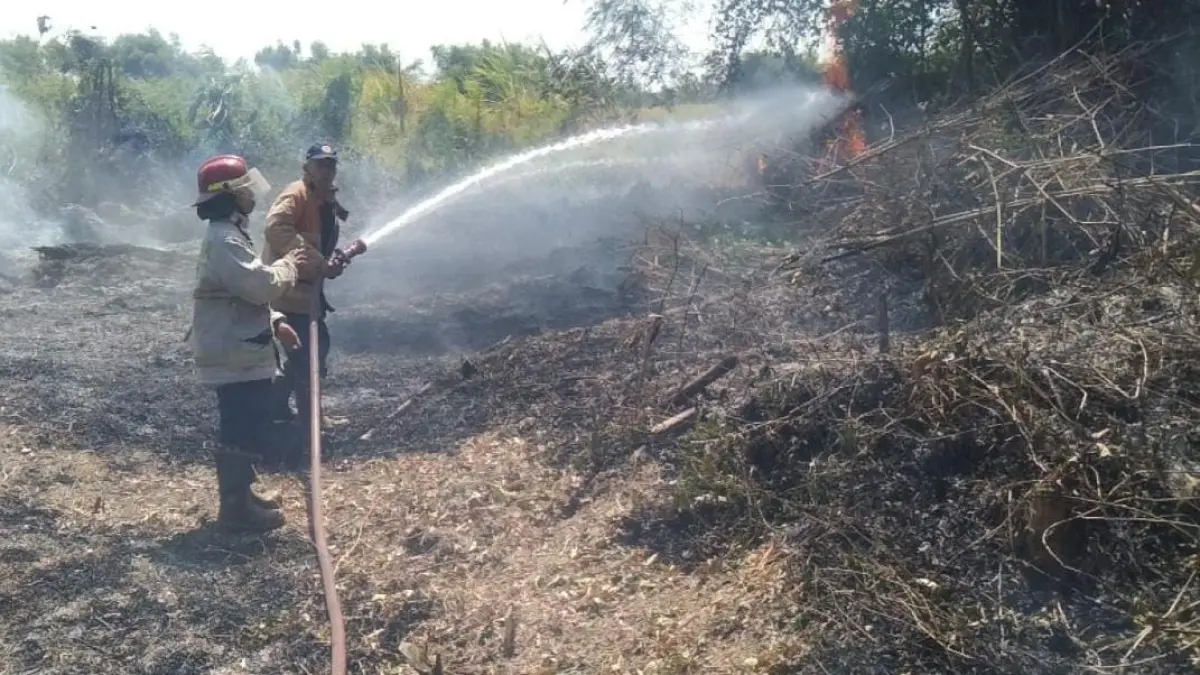 MEMBARA: Petugas Damkar BPBD Kabupaten Mojokerto berusaha memadamkan api yang kembali menyambar tumpukan barang bekas atau rongsokan di Desa Kejagan, Kecamatan Trowulan, Senin (3/8) dini hari . (dok BPBD Kabupaten Mojokerto for JPRM)