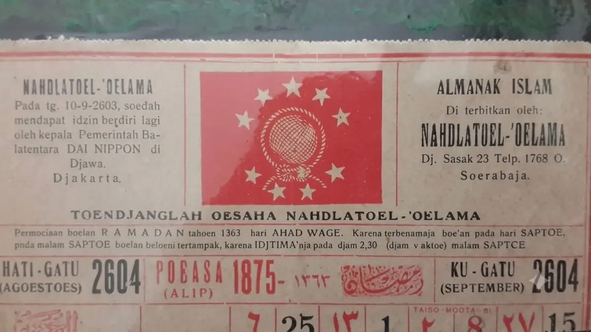PENGGALAN SEJARAH:&nbsp;Potongan kalender NU bertarikh Agustus tahun 1944 atau Hachi-Gatsu 2604 yang diterbitkan pada masa pendudukan Jepang.