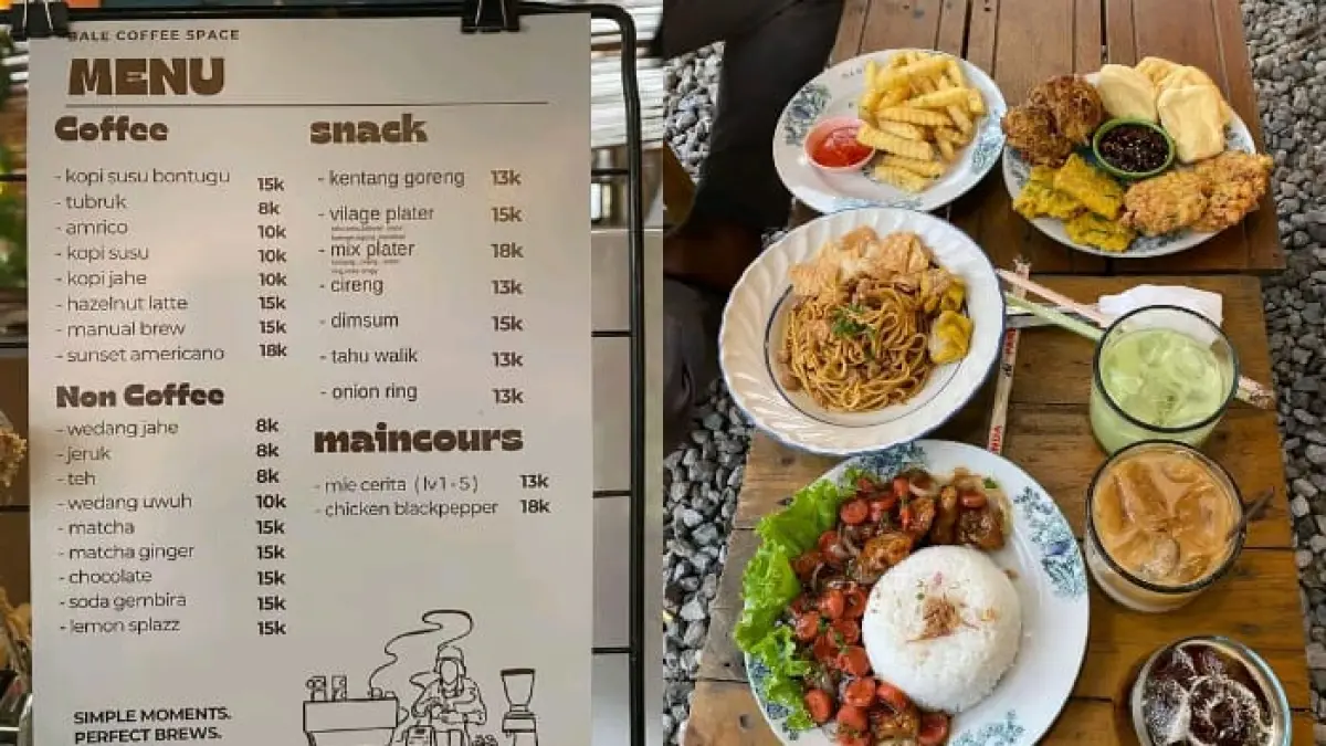 Beragam menu Bontugu Coffee Reborn, mulai dari pilihan kopi dan minuman nonkopi hingga makanan serta camilan yang tersedia untuk pengunjung.