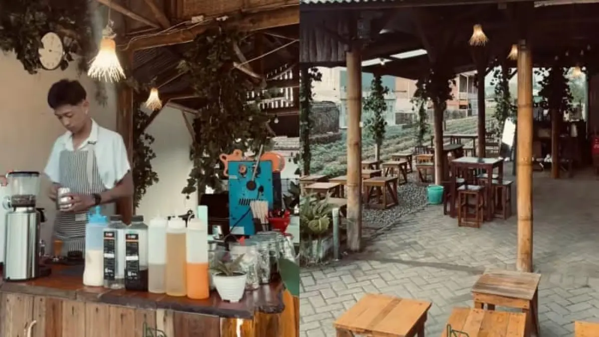 Suasana Bontugu Coffee Reborn di Trawas, mulai dari area bar kopi hingga tempat duduk bernuansa kayu yang nyaman untuk bersantai.