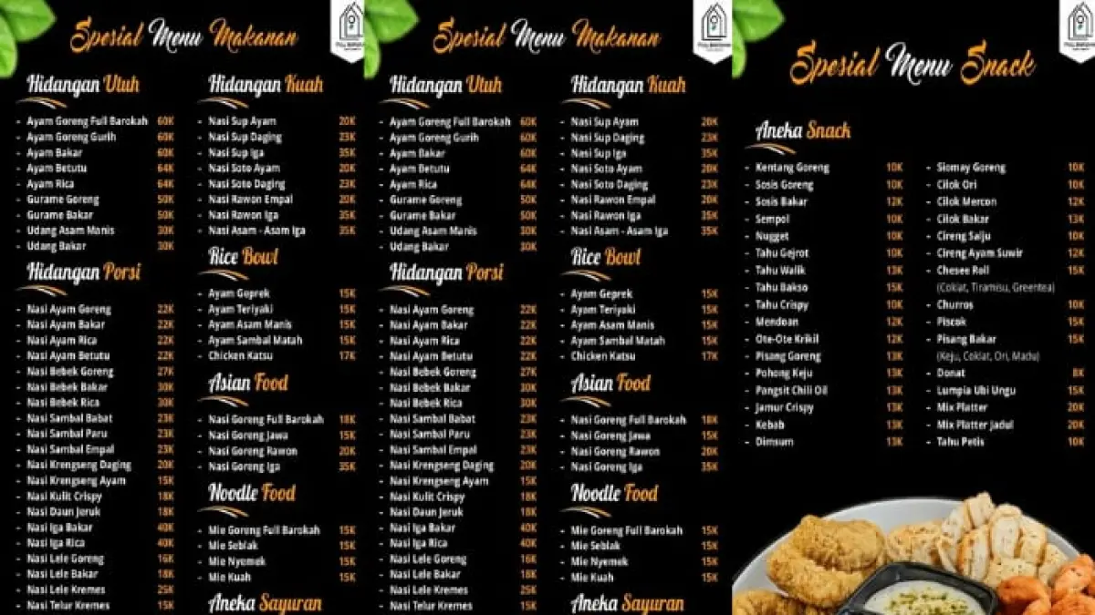 Beragam pilihan menu Full Barokah, mulai dari makanan berat, camilan, hingga aneka minuman dengan pilihan harga yang beragam. Menu tersebut menjadi pilihan kuliner bagi pengunjung yang datang bersama keluarga maupun rombongan.