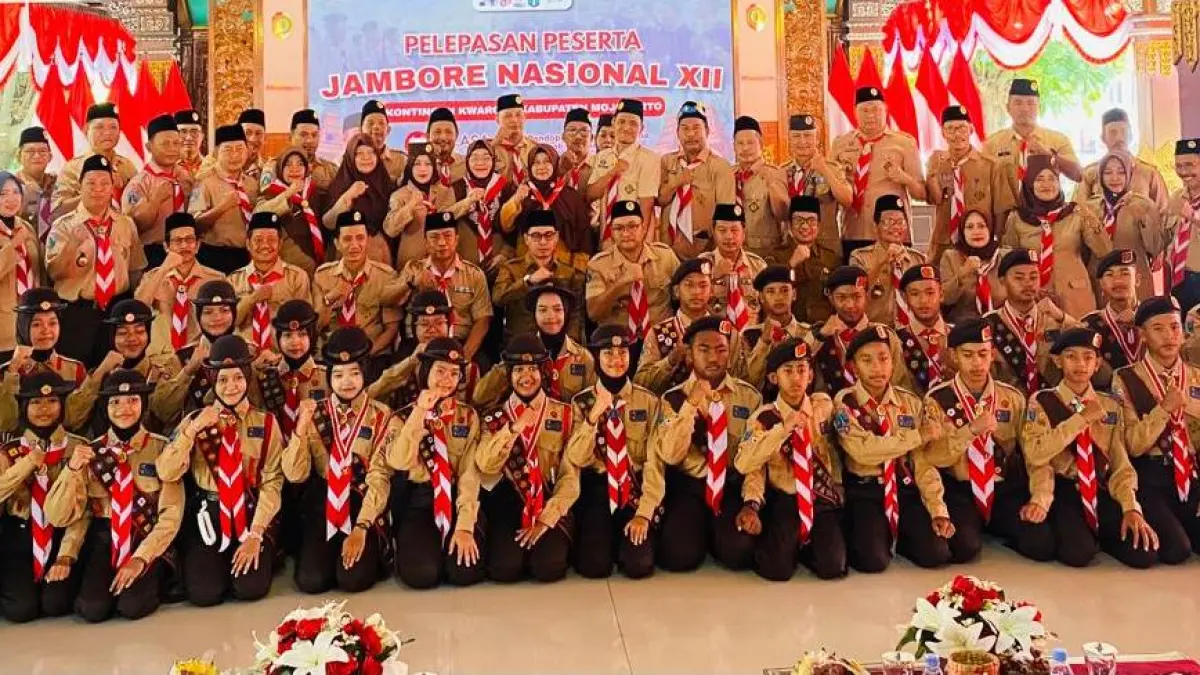 DUTA: 32 peserta kontingen Kwartir Cabang (Kwarcab) Gerakan Pramuka Kabupaten Mojokerto yang akan mengikuti Jambore Nasional (Jamnas) XII Tahun 2026 di Bumi Perkemahan dan Graha Wisata (Buperta) Cibubur, Jakarta Timur.
