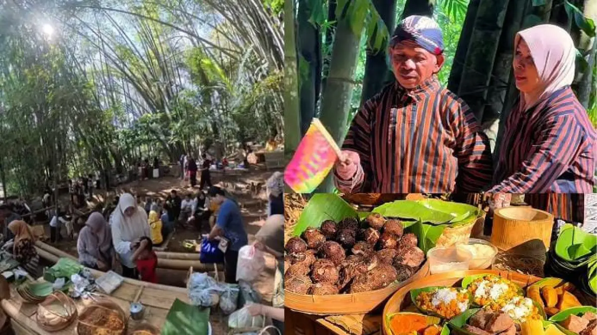 Suasana Pasar Preng Petung di bawah rindangnya bambu petung yang ramai dikunjungi warga, dengan aneka makanan tradisional yang dijajakan di lapak pedagang.