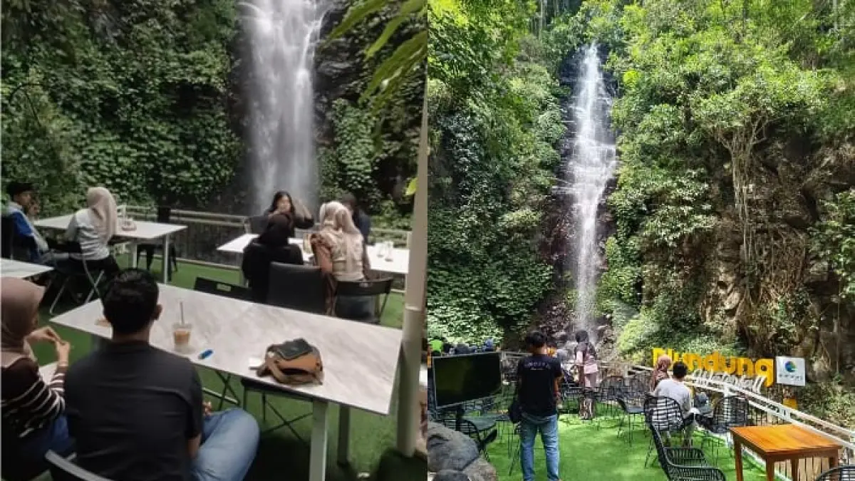Suasana Jungle Cafe Waterfall di kawasan Air Terjun Dlundung, Trawas, Mojokerto. Pengunjung menikmati hidangan sambil bersantai di area outdoor dengan panorama langsung air terjun dan suasana hutan yang sejuk.